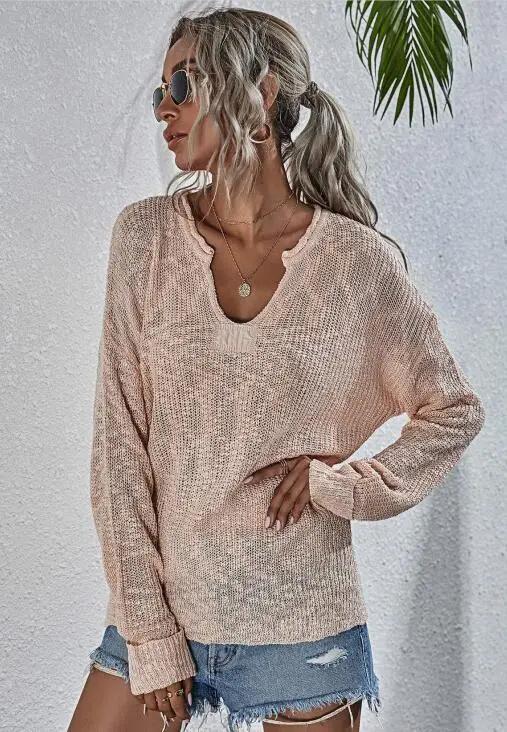 Pull ample à manches longues et col en V pour femme 