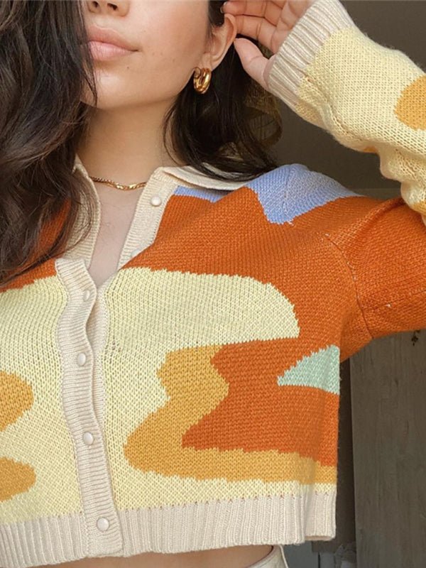 Cardigan multicolore à col en tricot pour femmes et boutons sur le devant 