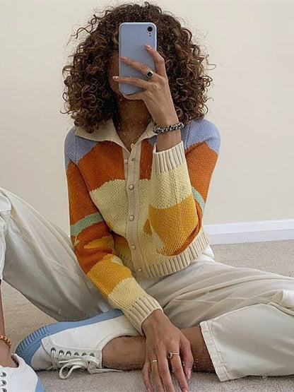 Cardigan multicolore à col en tricot pour femmes et boutons sur le devant 