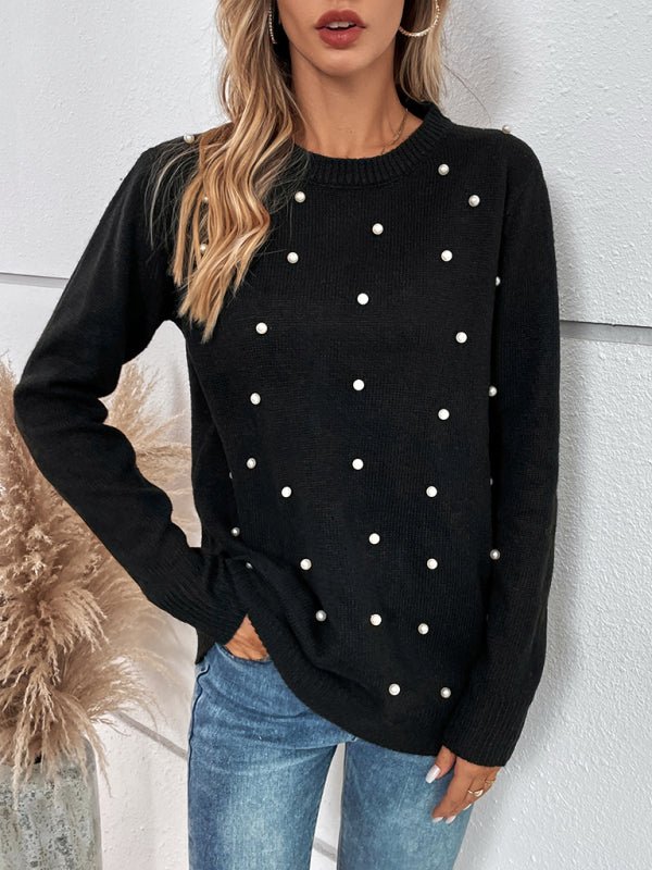 Pull à manches longues et col rond en tricot micro-câble pour femmes, embellissements nacrés 