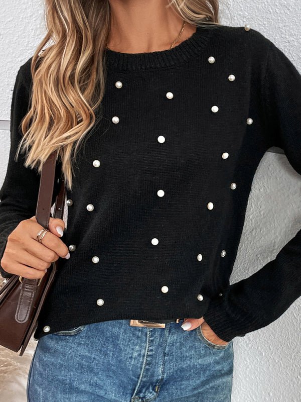 Women’s Pearlized Embellishments Micro-cable Knit Crew Neck Long Sleeves Sweater