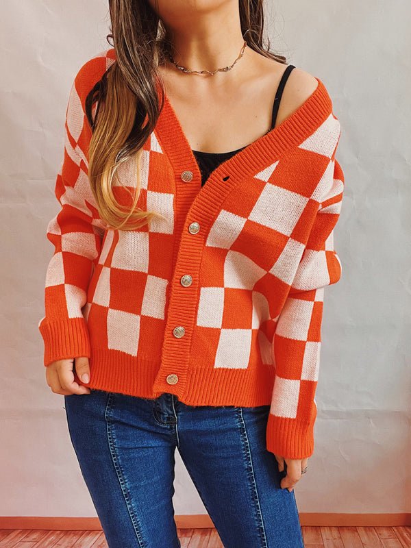 Pull cardigan boutonné en tricot à carreaux pour femmes avec ourlet côtelé 