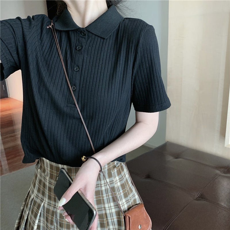 Women’s Ribbed Knit Short Sleeve Spread Collar Button Up Polo Top