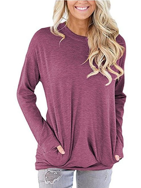 T-Shirt ample à manches longues et col rond pour femme, couleur unie, avec poche 