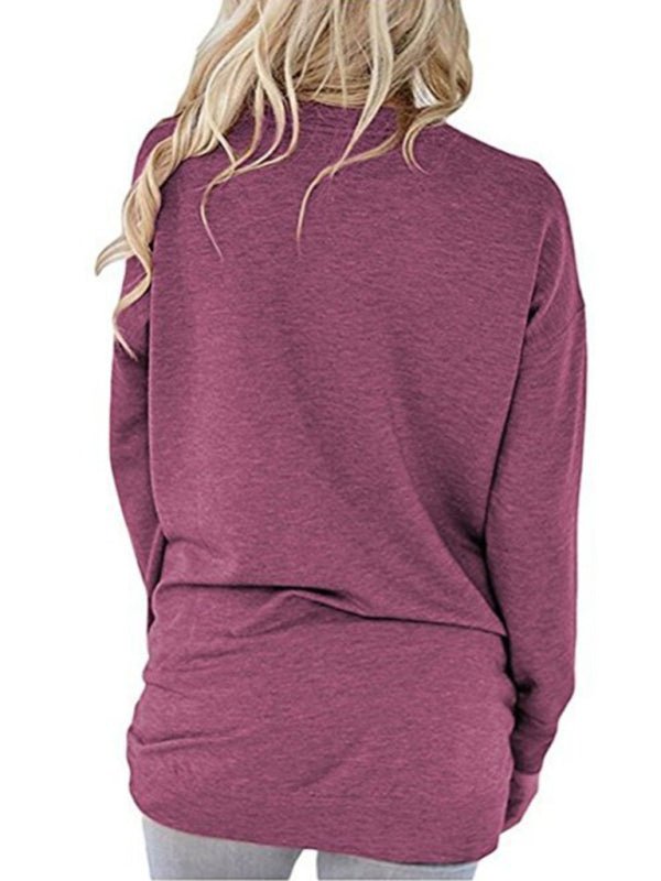 T-Shirt ample à manches longues et col rond pour femme, couleur unie, avec poche 