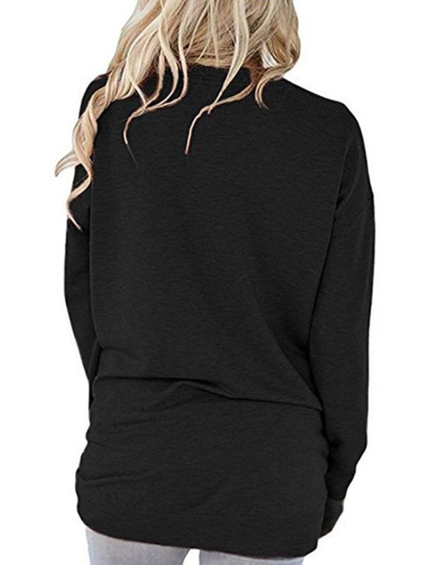 T-Shirt ample à manches longues et col rond pour femme, couleur unie, avec poche 