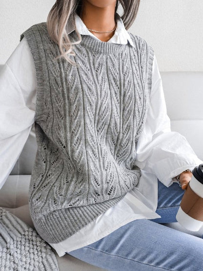 Damen-Pullover mit Rundhalsausschnitt, hohlem Blattmuster, lässiger Strickweste 