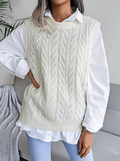 Damen-Pullover mit Rundhalsausschnitt, hohlem Blattmuster, lässiger Strickweste 