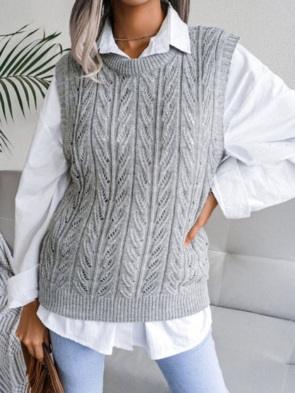 Damen-Pullover mit Rundhalsausschnitt, hohlem Blattmuster, lässiger Strickweste 