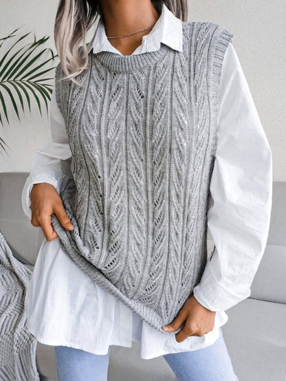 Damen-Pullover mit Rundhalsausschnitt, hohlem Blattmuster, lässiger Strickweste 