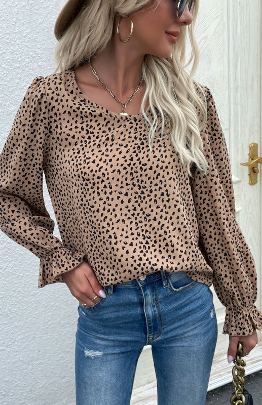 Chemise à imprimé léopard pour femmes, pull à col rond et bas 