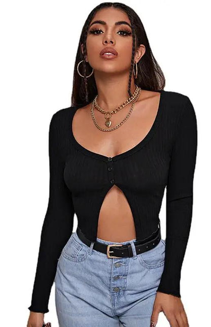 Damen Sexy Button-Crop-Langarm-Top 