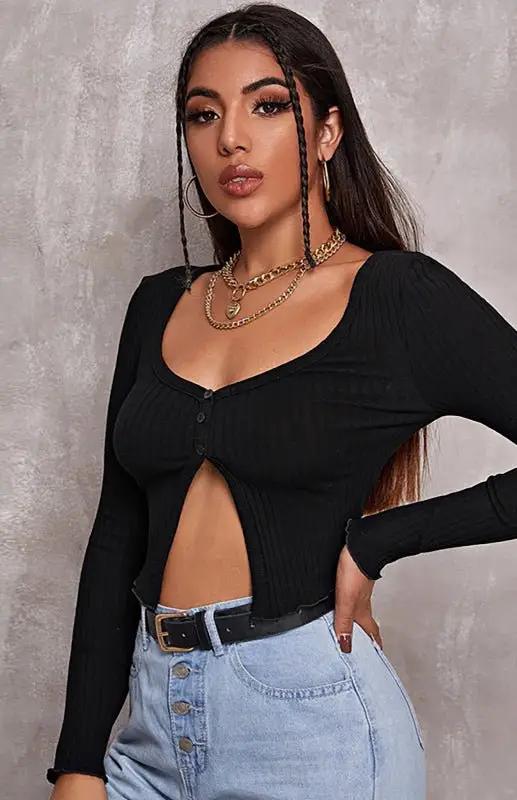 Damen Sexy Button-Crop-Langarm-Top 