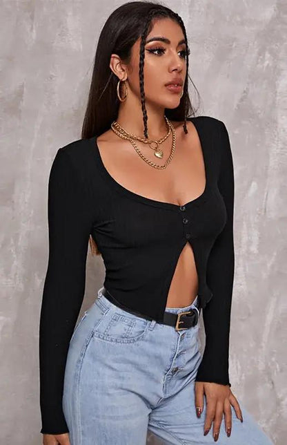 Damen Sexy Button-Crop-Langarm-Top 