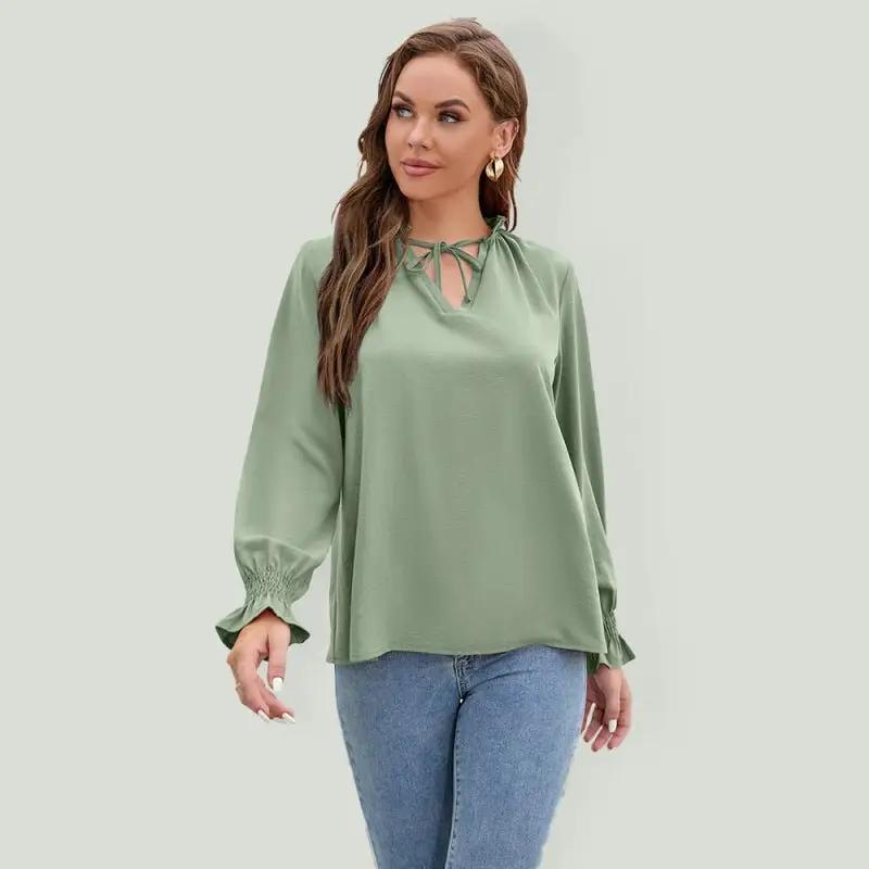 Women’s Solid Color Ruffled Tie V Neck Long Sleeves Blouse