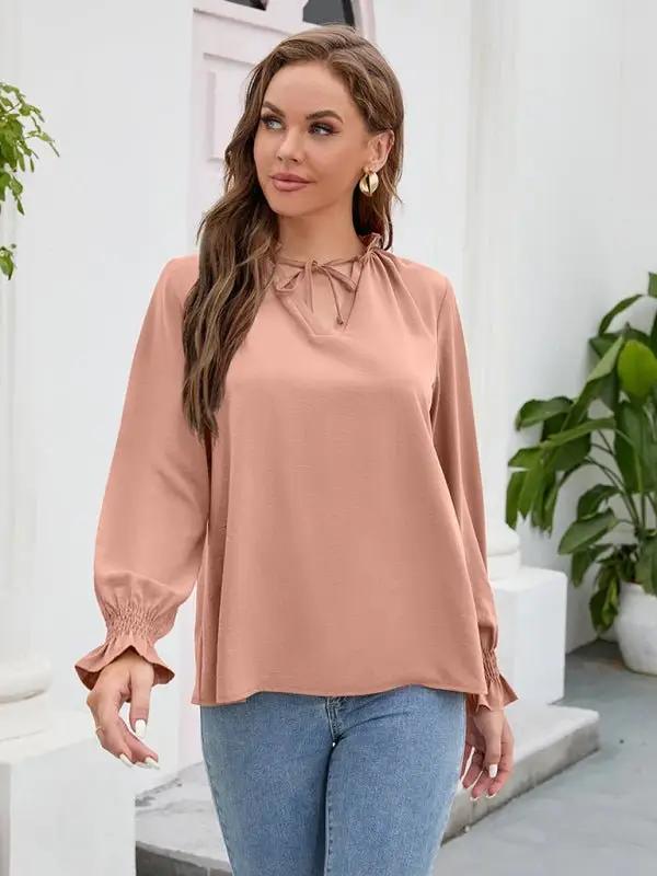 Women’s Solid Color Ruffled Tie V Neck Long Sleeves Blouse