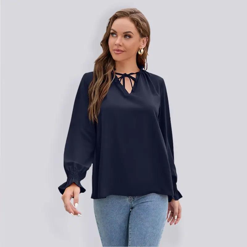 Women’s Solid Color Ruffled Tie V Neck Long Sleeves Blouse