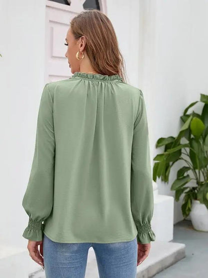 Women’s Solid Color Ruffled Tie V Neck Long Sleeves Blouse