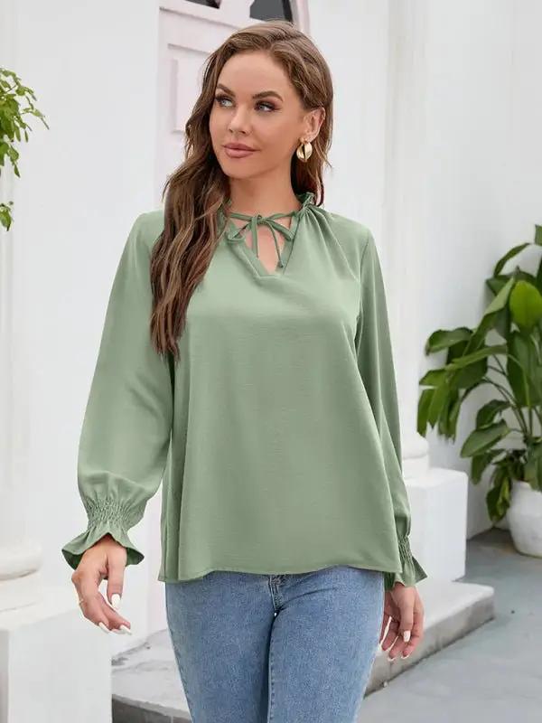 Women’s Solid Color Ruffled Tie V Neck Long Sleeves Blouse