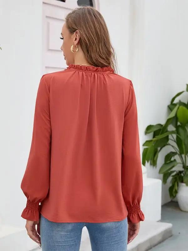 Women’s Solid Color Ruffled Tie V Neck Long Sleeves Blouse