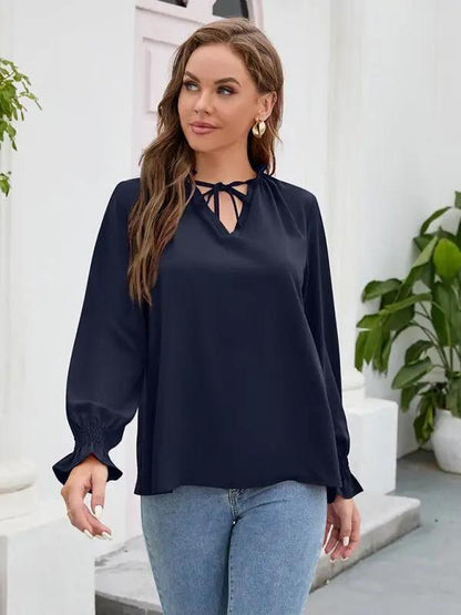 Women’s Solid Color Ruffled Tie V Neck Long Sleeves Blouse