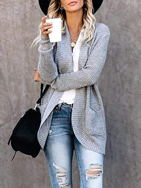 Women’s Solid Color Shawl Collar Patch Pockets Open Front Long Sleeves Knit Cardigan