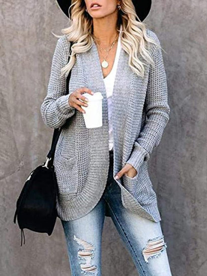 Cardigan en tricot à manches longues pour femmes, couleur unie, col châle, poches plaquées, ouvert sur le devant 