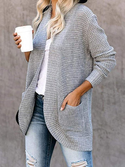 Cardigan en tricot à manches longues pour femmes, couleur unie, col châle, poches plaquées, ouvert sur le devant 