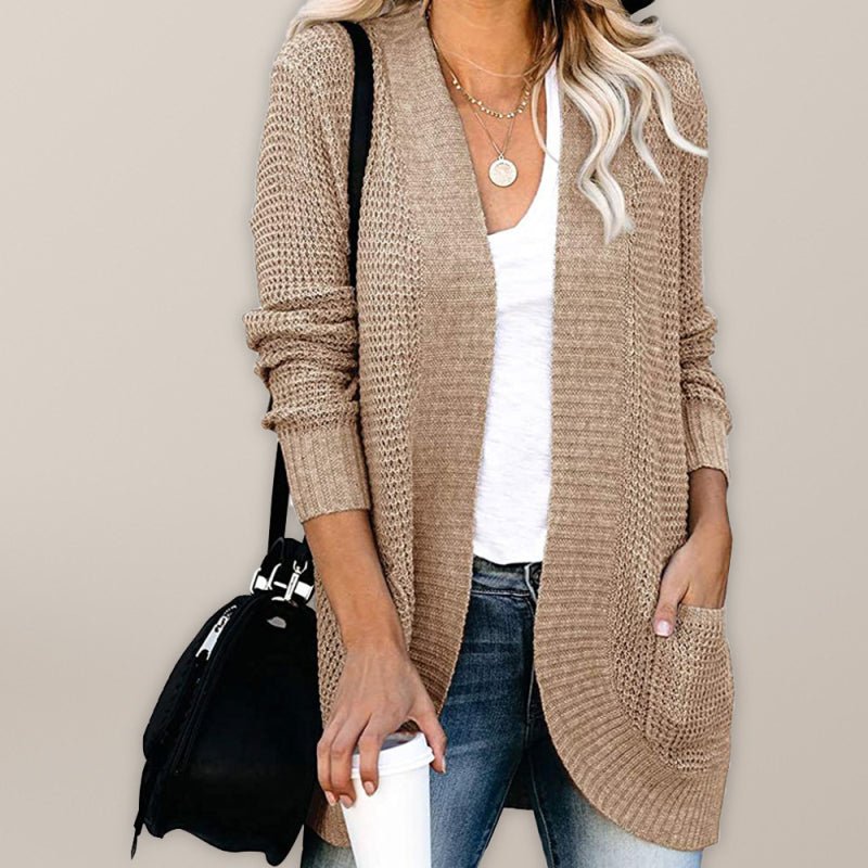 Cardigan en tricot à manches longues pour femmes, couleur unie, col châle, poches plaquées, ouvert sur le devant 