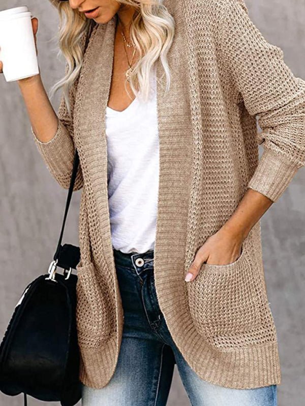 Cardigan en tricot à manches longues pour femmes, couleur unie, col châle, poches plaquées, ouvert sur le devant 