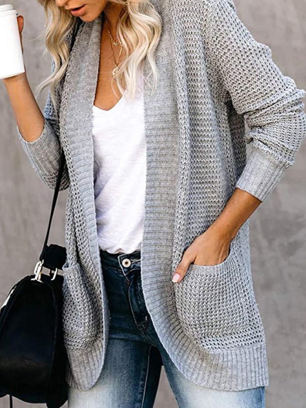 Cardigan en tricot à manches longues pour femmes, couleur unie, col châle, poches plaquées, ouvert sur le devant 