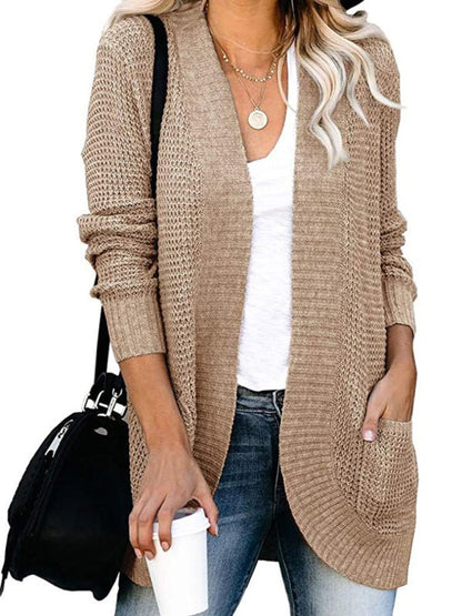 Cardigan en tricot à manches longues pour femmes, couleur unie, col châle, poches plaquées, ouvert sur le devant 