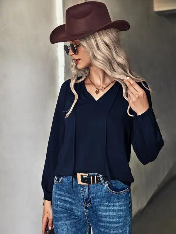 Einfarbiges Tunika-Hemdoberteil für Damen mit Bindekragen