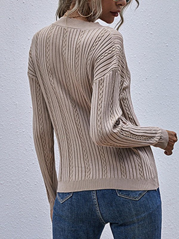 Einfarbiger gestrickter Waldpullover mit gedrehtem V-Ausschnitt für Damen 