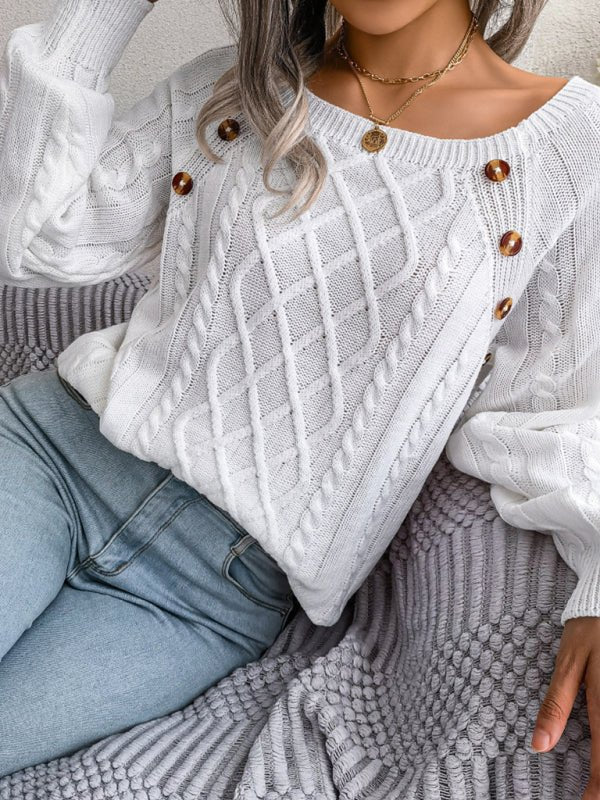 Pull en tricot torsadé boutonné à col carré pour femme 