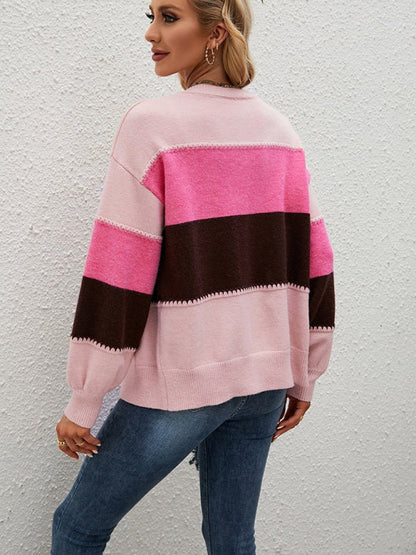 Gestreifter Colorblock-Jacken-Cardigan-Pullover für Damen 