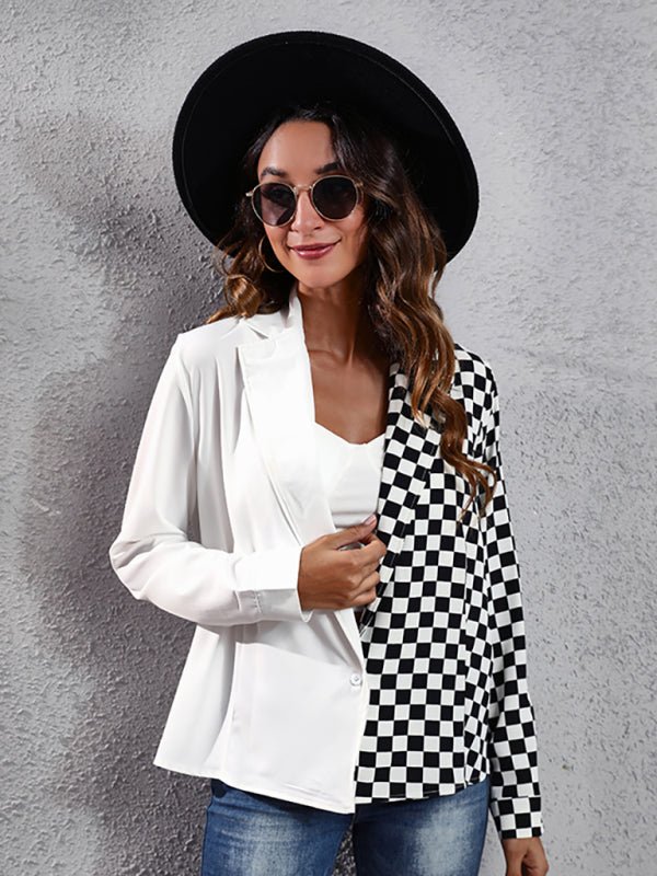 Chemise femme col tailleur damier cousu zèbre 