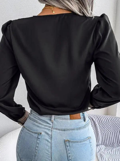 Damen-Chiffon-Hemd mit V-Ausschnitt, Temperament, Spitze und langen Ärmeln 