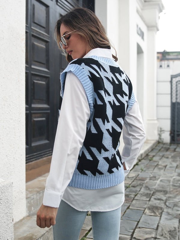 Pull gilet femme col V à carreaux mille oiseaux 