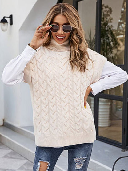 Pull en tricot torsadé contrasté à col roulé pour femme avec texture de chemise sur les manches 