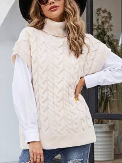 Pull en tricot torsadé contrasté à col roulé pour femme avec texture de chemise sur les manches 