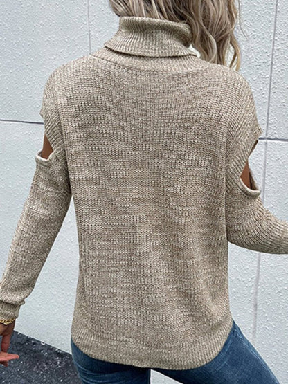 Pull à col roulé et manches longues pour femme, couleur unie, épaules dénudées 