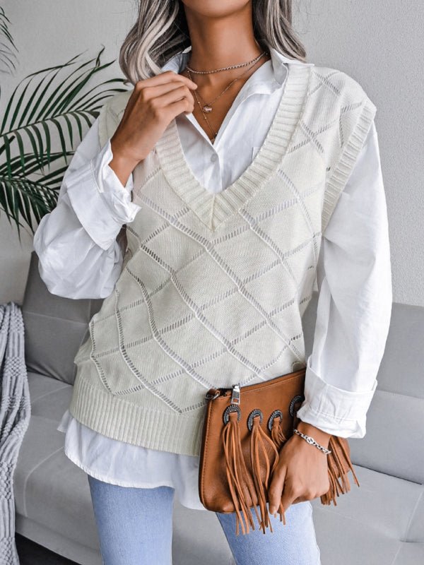 Damen-Pullover mit V-Ausschnitt, hohler Diamant, lässiger Strickweste 
