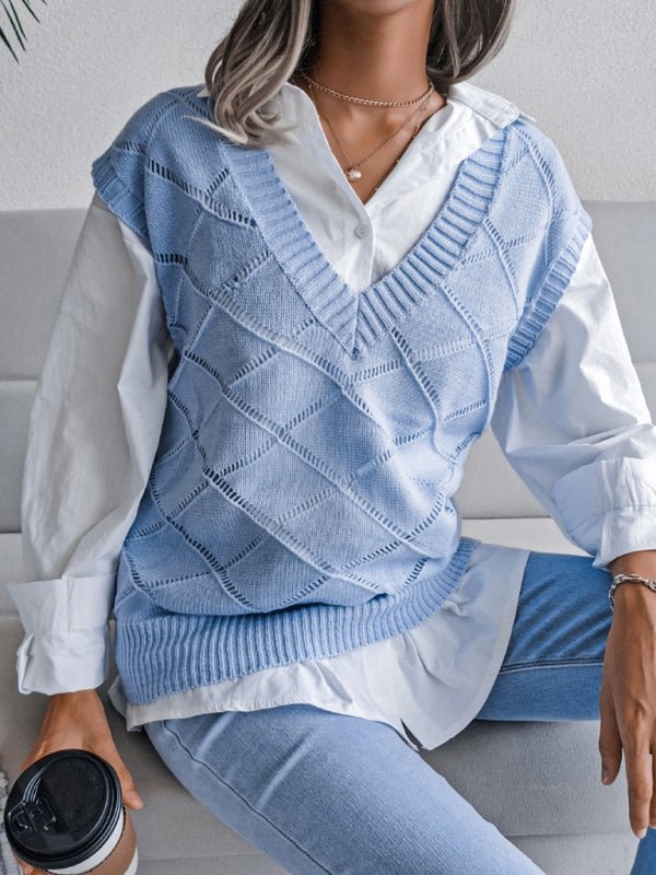 Damen-Pullover mit V-Ausschnitt, hohler Diamant, lässiger Strickweste 