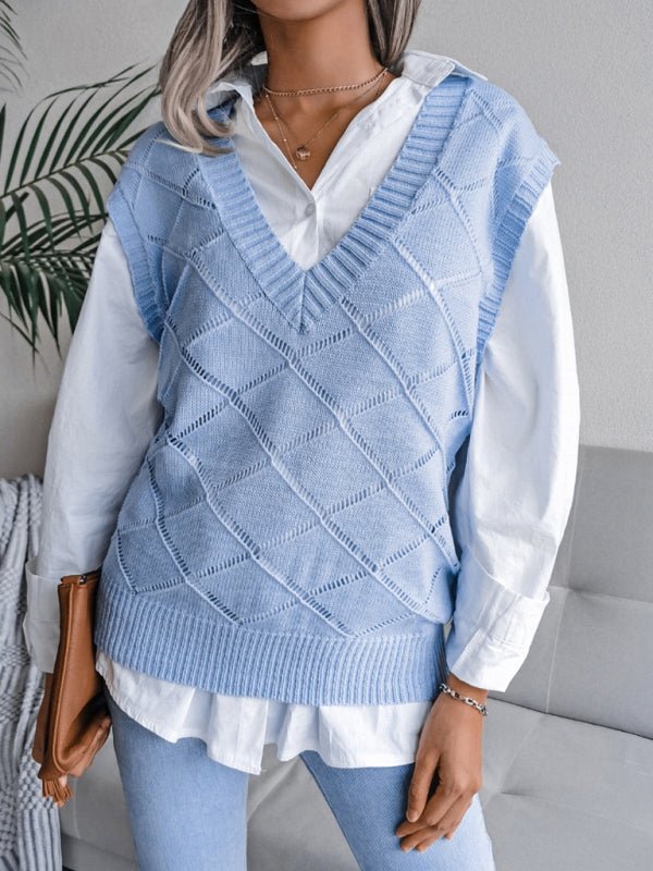 Gilet tricoté décontracté pour femmes, col en v, diamant creux, pull 