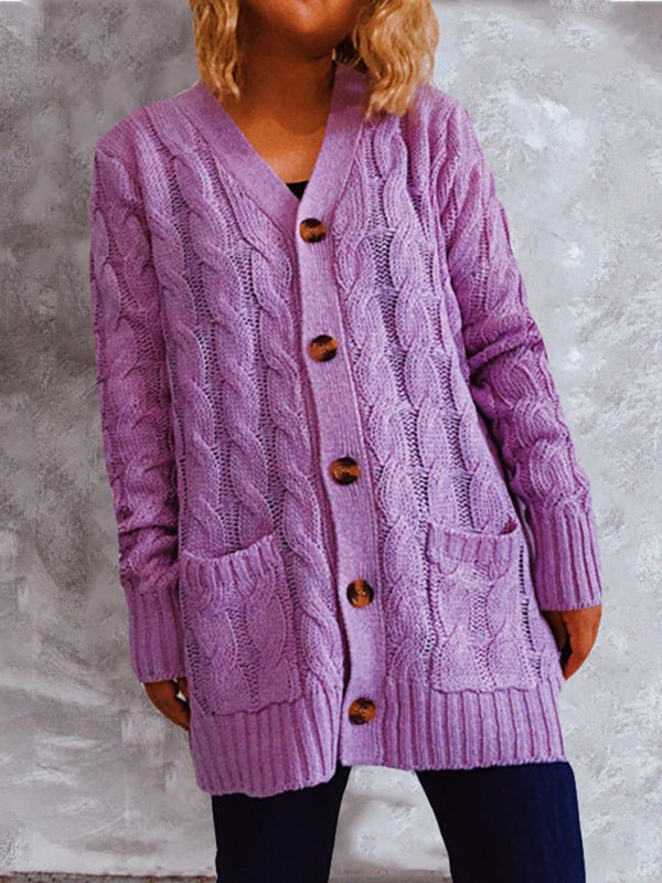 Cardigan en tricot torsadé pour femmes, encolure en V, avec fermeture boutonnée sur le devant et poches 