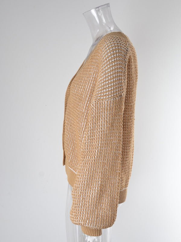 Cardigan en tricot gaufré pour femmes à manches bouffantes 