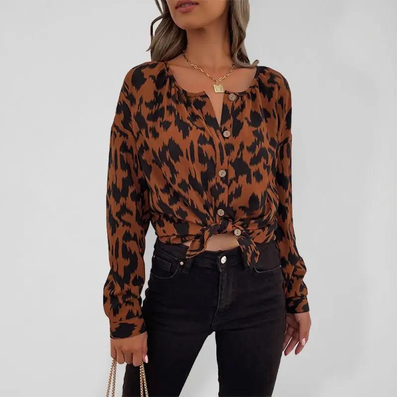 Cardigan décontracté tissé imprimé léopard pour femmes, chemise à manches longues 