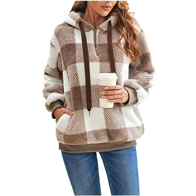 Long sleeve hooded plaid plush women&