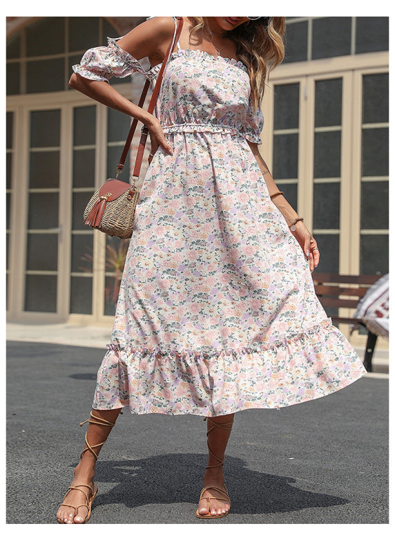 One-Shoulder-Kleid, schulterfreies Kleid mit Rüschen und Blumenmuster 